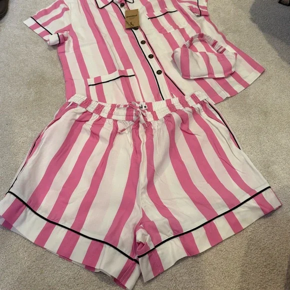 NWT Patiini Matching Pink/White Striped Pajama Set with Eye Mask Womens Size M - Picture 4 of 8